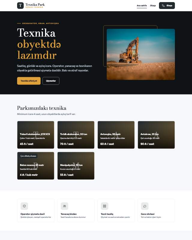 Xüsusi texnika icarəsi · Kart veb sayt şablonunun ekran görüntüsü