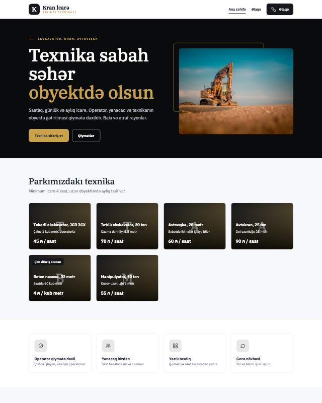 Xüsusi texnika icarəsi · Tünd veb sayt şablonunun ekran görüntüsü