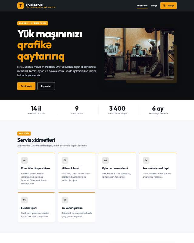 Yük maşını servisi üçün veb sayt şablonunun ekran görüntüsü