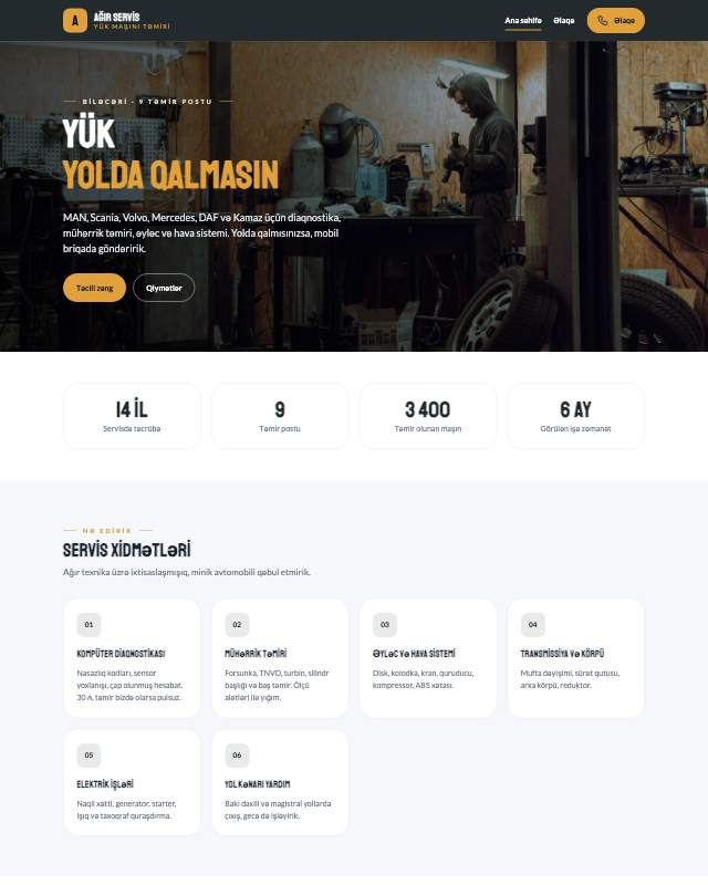 Yük maşını servisi · Kart veb sayt şablonunun ekran görüntüsü