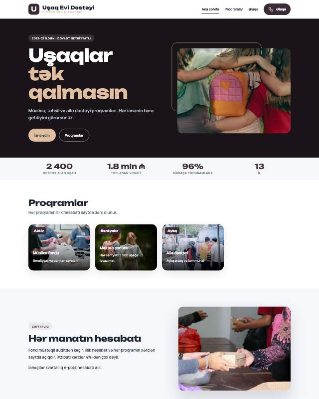 Uşaq evi dəstəyi veb sayt şablonunun ekran görüntüsü