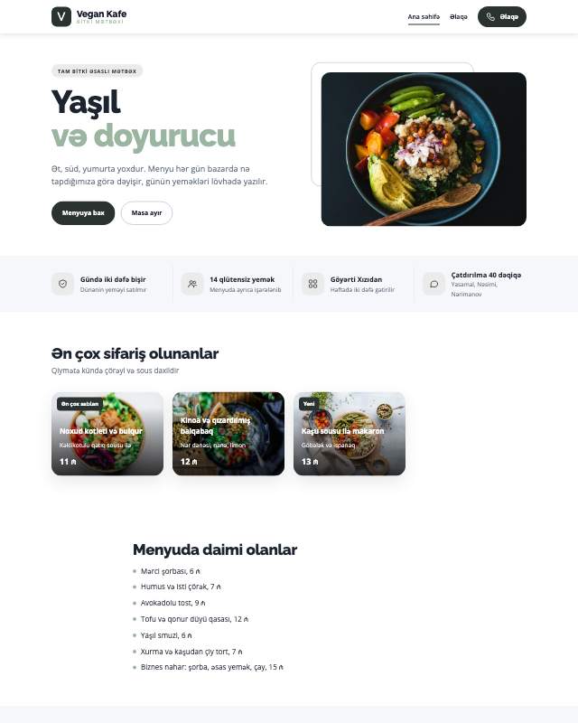 Vegan kafe · Sakit veb sayt şablonunun ekran görüntüsü