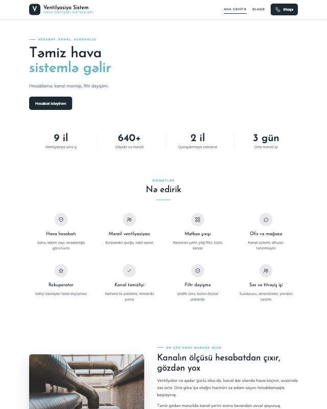 Ventilyasiya şirkəti üçün veb sayt şablonu «Hava»: ekran görüntüsü