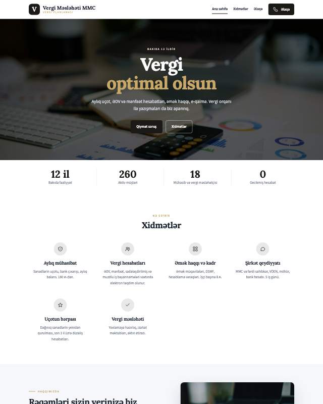 Vergi məsləhəti · Premium sayt dizaynının ekran görüntüsü