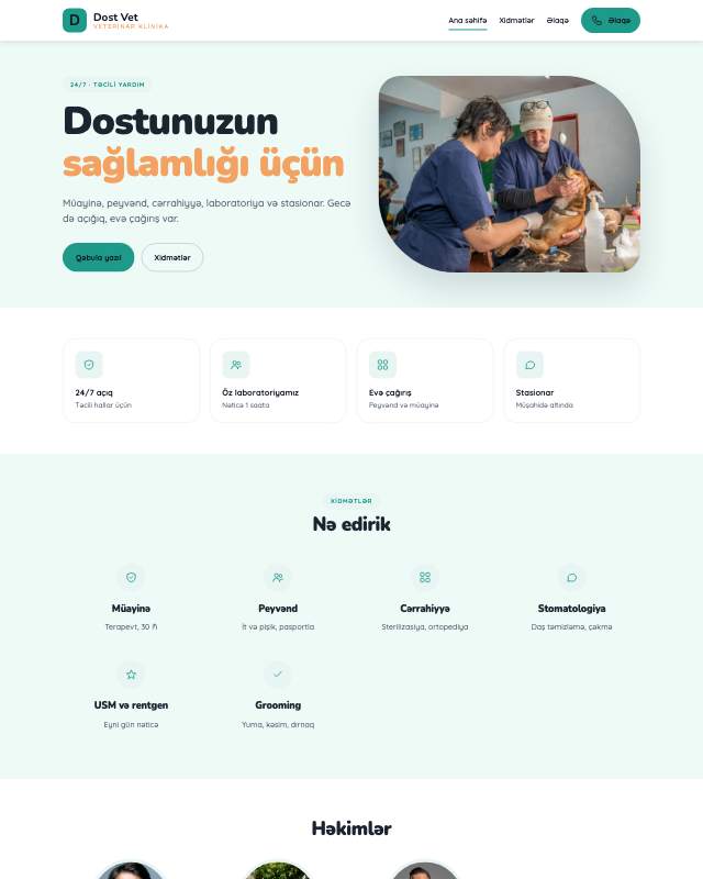 Veterinar klinika üçün veb sayt şablonunun ekran görüntüsü