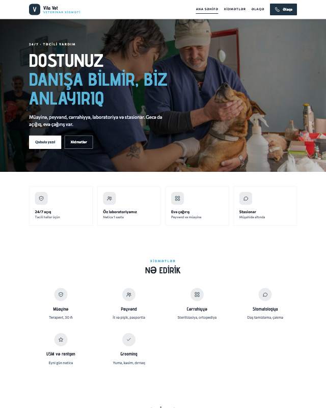 Veterinar klinika · Təmiz veb sayt şablonunun ekran görüntüsü