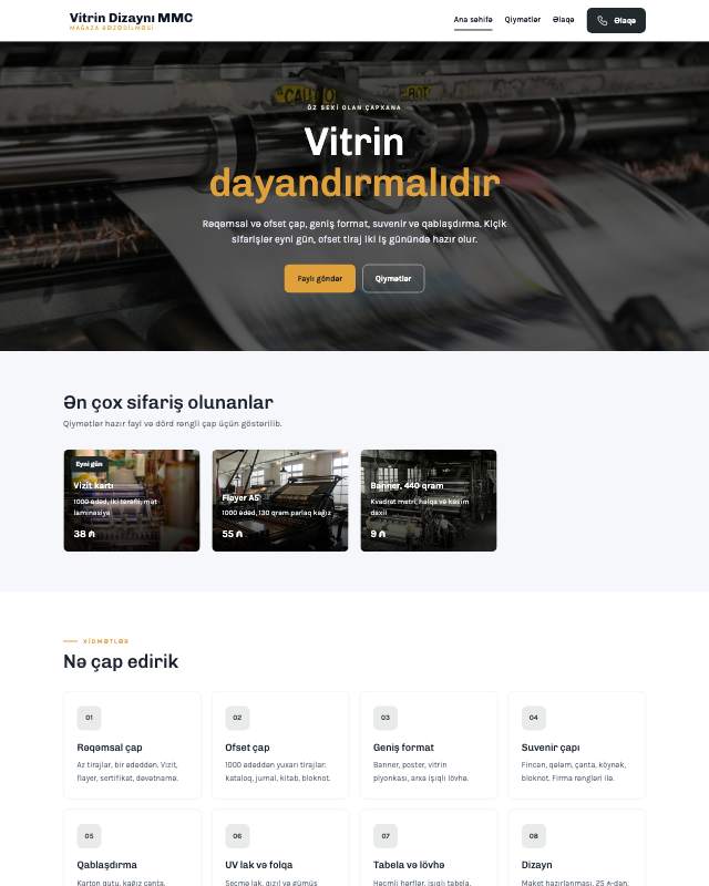 Vitrin dizaynı üçün veb sayt şablonu «Kart»: ekran görüntüsü