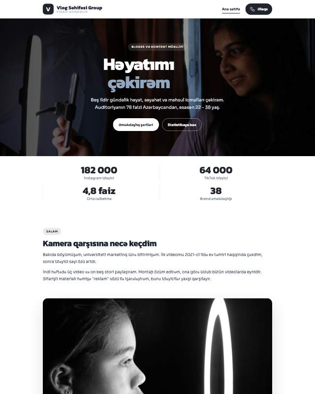 Vlog səhifəsi · Studiya sayt dizaynının ekran görüntüsü