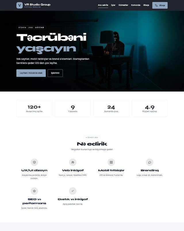VR studiyası · Studiya sayt dizaynının ekran görüntüsü