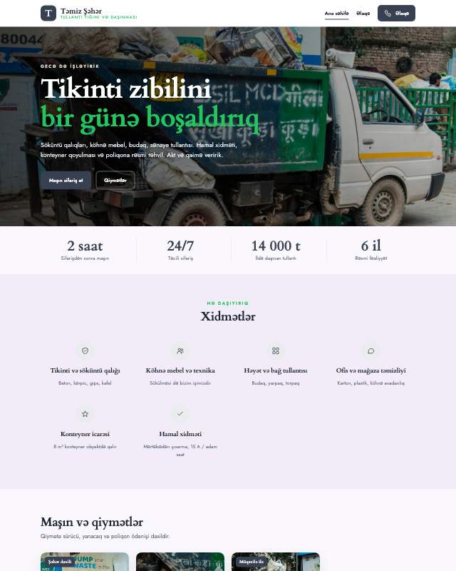 Tullantı daşınması sayt dizaynının ekran görüntüsü
