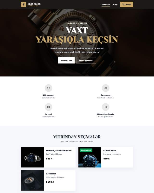 Saat mağazası üçün veb sayt şablonu «Premium»: ekran görüntüsü