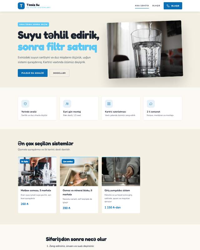 Su filtri satışı üçün veb sayt şablonunun ekran görüntüsü
