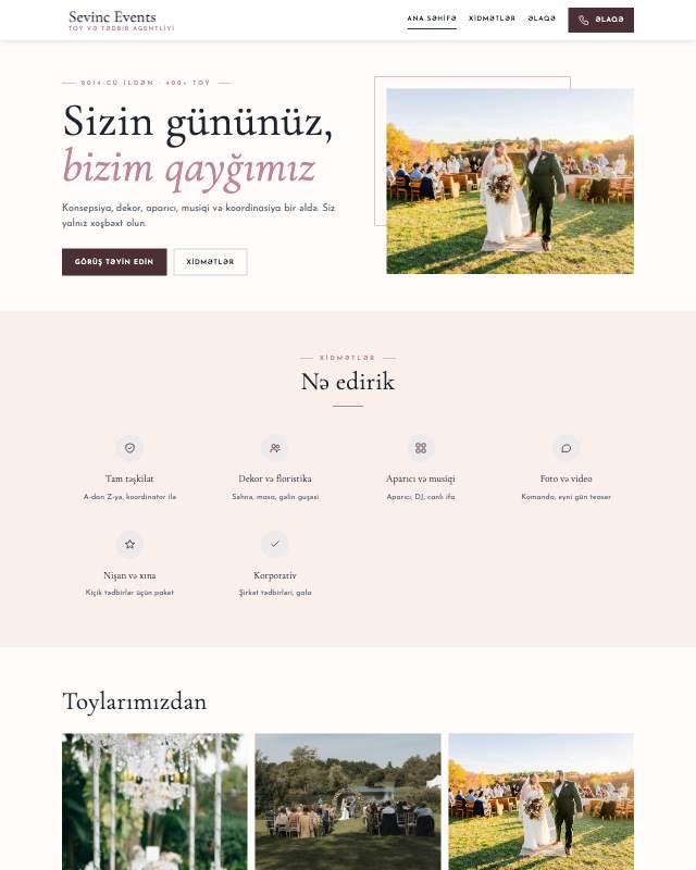 Toy və tədbir sayt dizaynının ekran görüntüsü