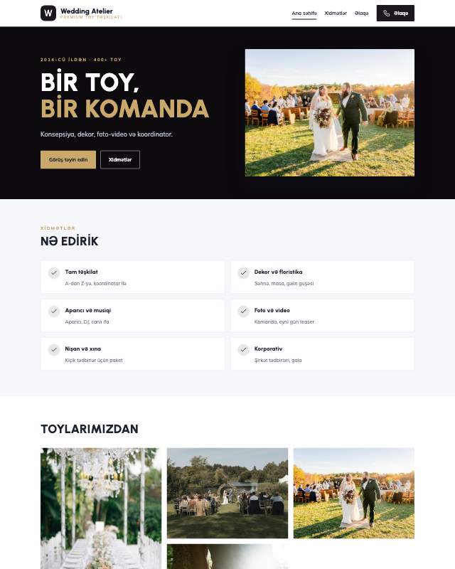 Toy və tədbir · Tünd veb sayt şablonunun ekran görüntüsü