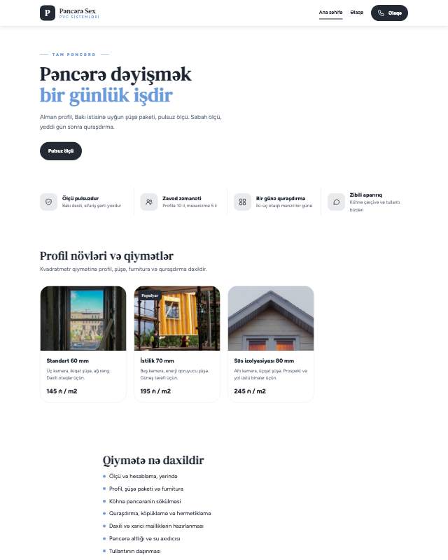 Plastik pəncərə · Sadə veb sayt şablonunun ekran görüntüsü