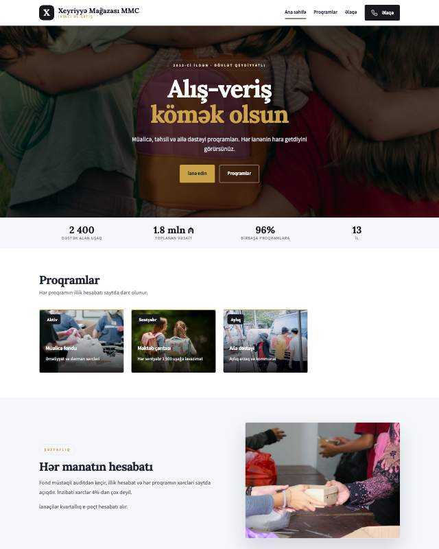 Xeyriyyə mağazası üçün veb sayt şablonu «Tünd»: ekran görüntüsü