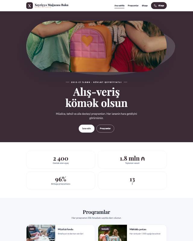 Xeyriyyə mağazası · Zərif veb sayt şablonunun ekran görüntüsü