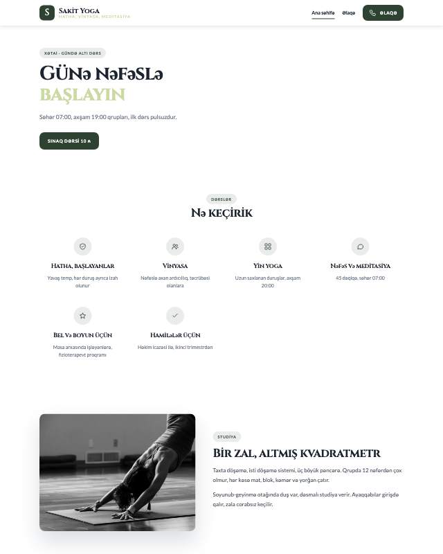 Yoga studiyası · Təbii sayt dizaynının ekran görüntüsü