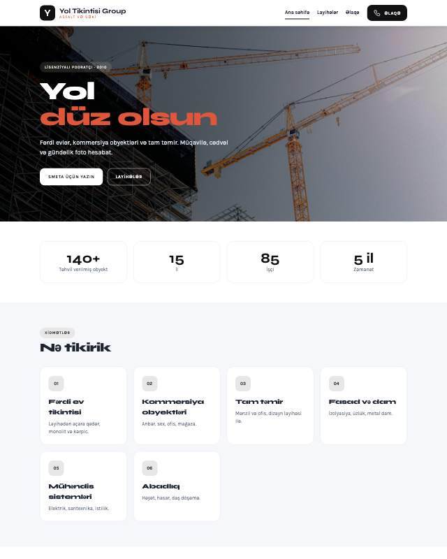 Yol tikintisi · Kontrast sayt dizaynının ekran görüntüsü