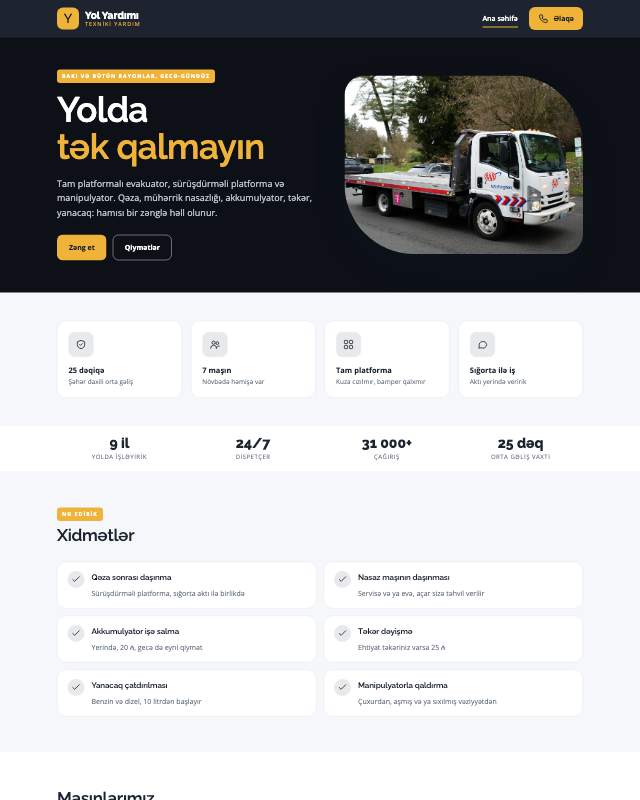 Yol yardımı veb sayt şablonunun ekran görüntüsü