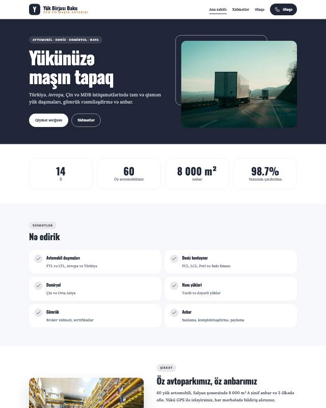Yük birjası üçün veb sayt şablonu «Klassik»: ekran görüntüsü